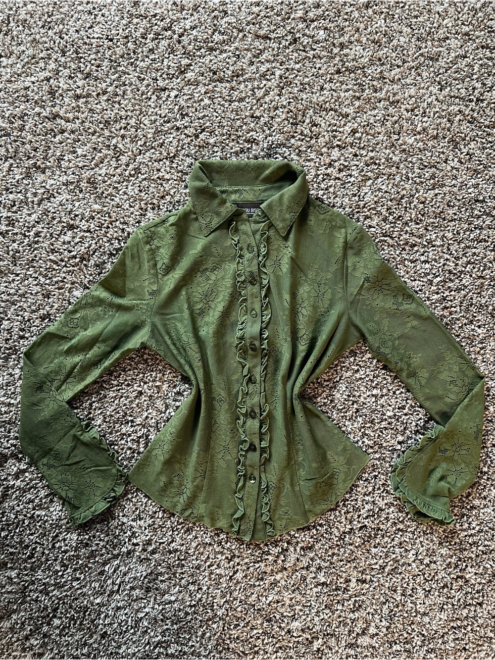 Bisou Bisou Olive Green Ruffled Lace Button-Down Shirt